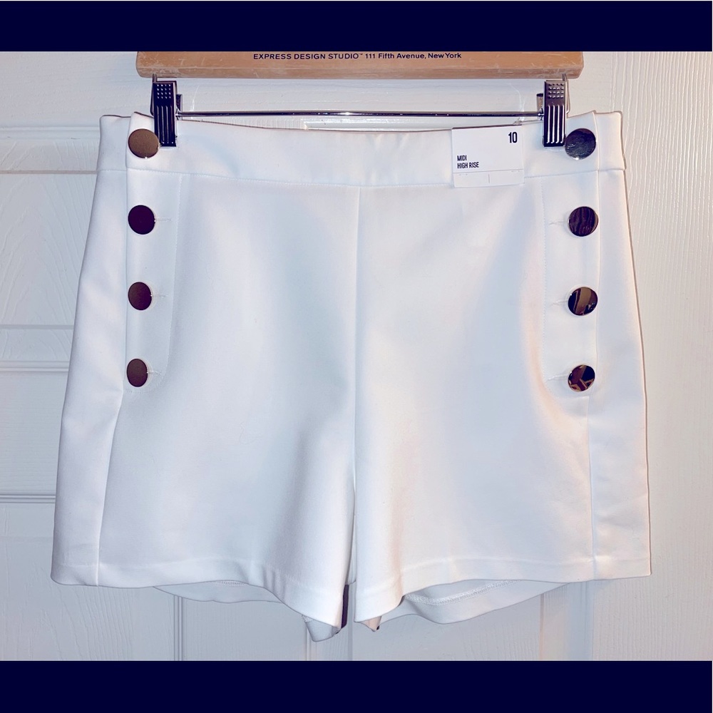 Express white high waisted gold button down shorts.
